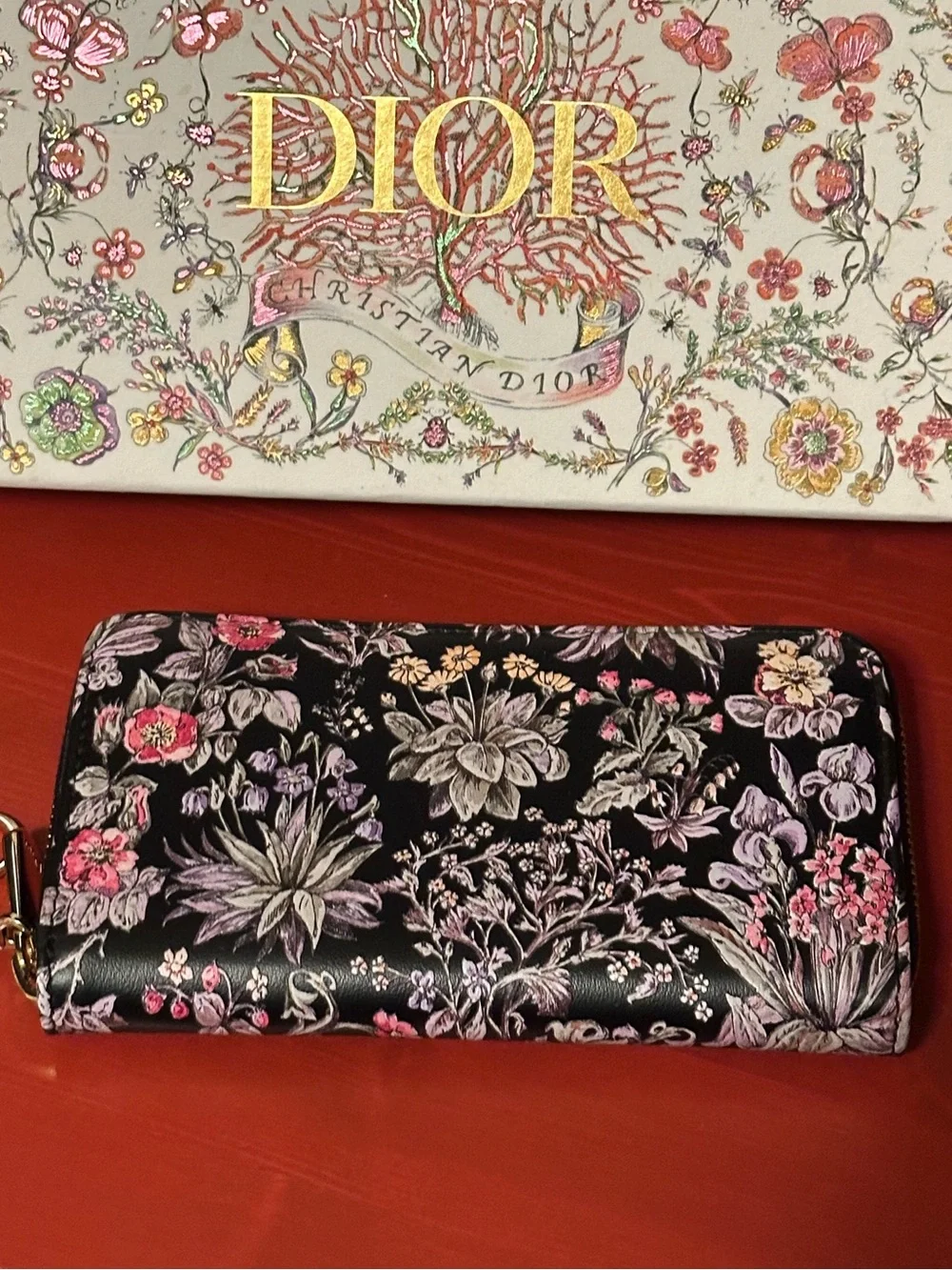 Dior Calfskin Millefiori Printed Lady Dior Zip Wallet Floral Black